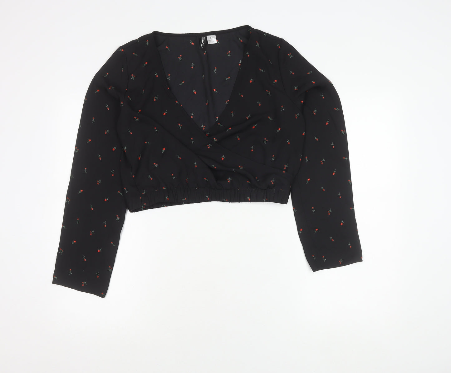 H&M Divided Women’s Black Floral Wrap Crop Blouse Size 12 Long Sleeve