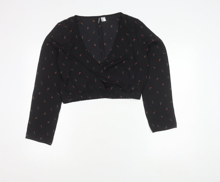 H&M Divided Women’s Black Floral Wrap Crop Blouse Size 12 Long Sleeve
