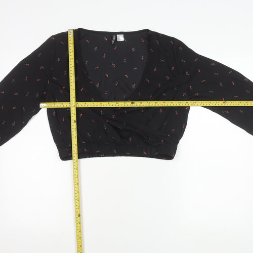 H&M Divided Women’s Black Floral Wrap Crop Blouse Size 12 Long Sleeve