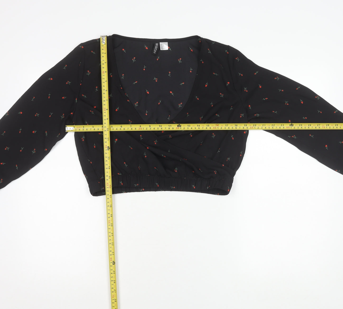 H&M Divided Women’s Black Floral Wrap Crop Blouse Size 12 Long Sleeve