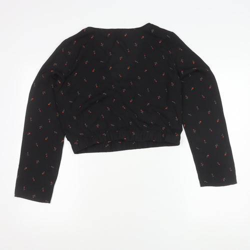 H&M Divided Women’s Black Floral Wrap Crop Blouse Size 12 Long Sleeve