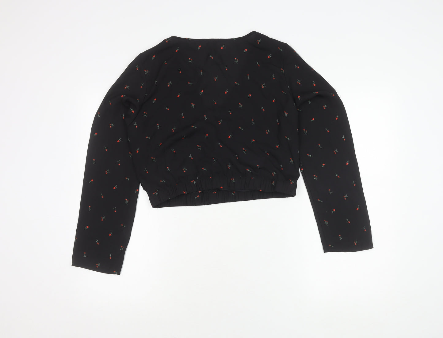 H&M Divided Women’s Black Floral Wrap Crop Blouse Size 12 Long Sleeve