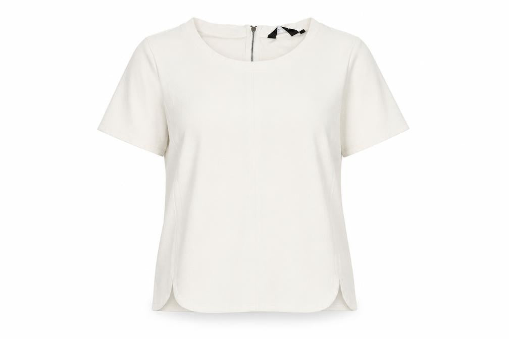 Front view of New Look Women’s Ivory Short Sleeve Zip Back Top, size UK 10