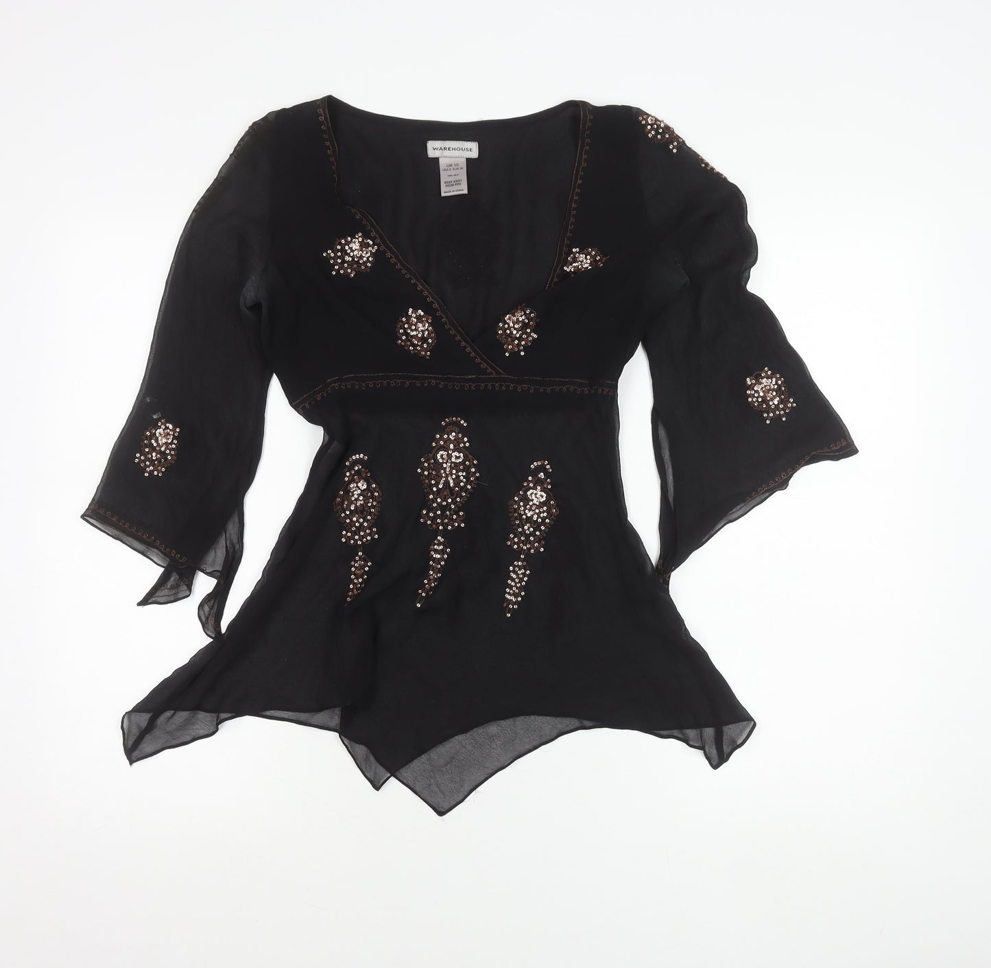 Warehouse Women’s Black Silk Sequin Tunic Blouse Size 10