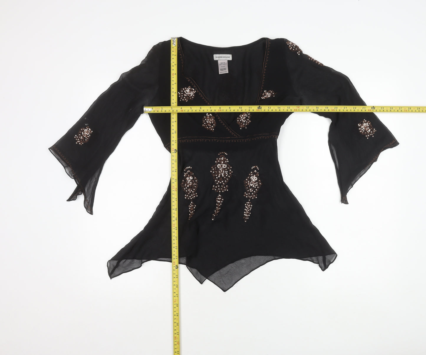 Warehouse Women’s Black Silk Sequin Tunic Blouse Size 10