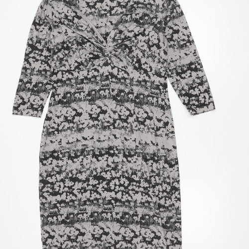Pepperberry Womens Black Grey Bodycon Dress Size 14 Long Sleeve V-Neck
