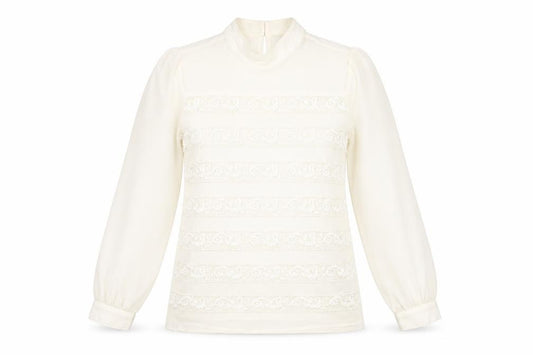 Front view of Next Women’s Ivory Lace Mock Neck Long Sleeve Blouse, size UK 6