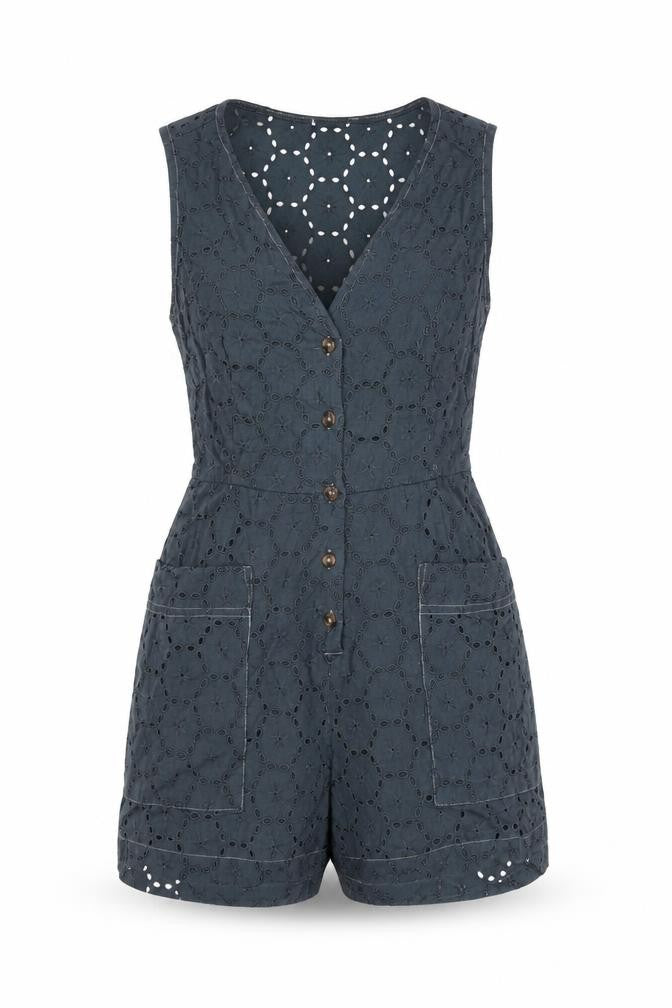 ASOS Design Women’s Grey Cotton Lace Playsuit UK 10 Scoop Neck Sleeveless