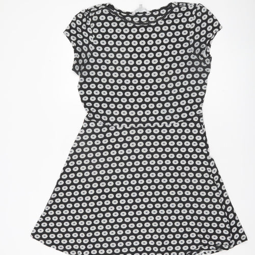 Red Herring Womens Black Daisy Floral Skater Dress Size 12