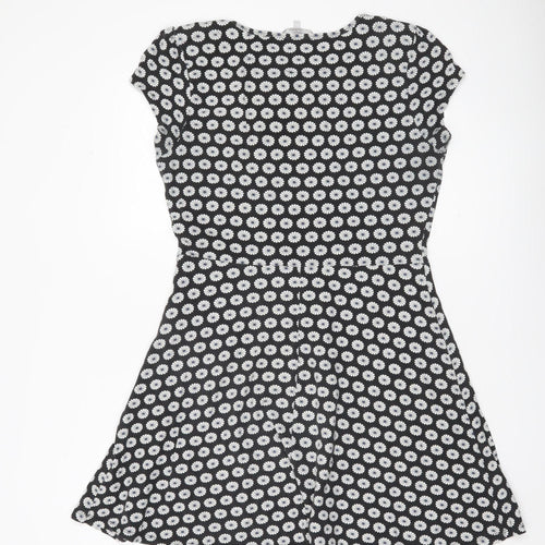 Red Herring Womens Black Daisy Floral Skater Dress Size 12