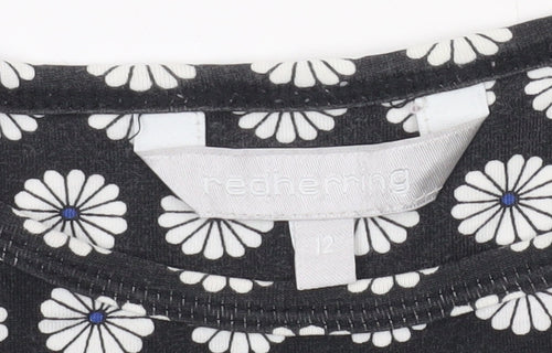 Red Herring Womens Black Daisy Floral Skater Dress Size 12