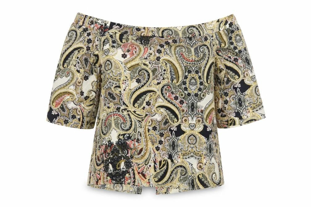 Front view of River Island women’s multicoloured paisley off shoulder tunic blouse, size UK 12