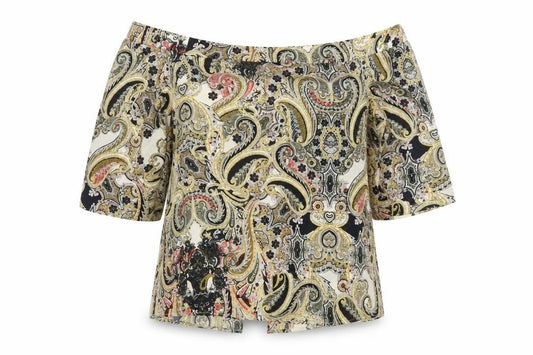 Front view of River Island women’s multicoloured paisley off shoulder tunic blouse, size UK 12
