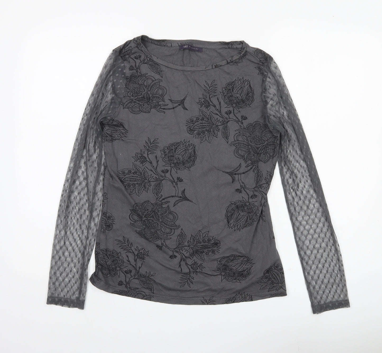 Marks and Spencer Women Grey Floral Mesh Long Sleeve Tunic Blouse UK 10