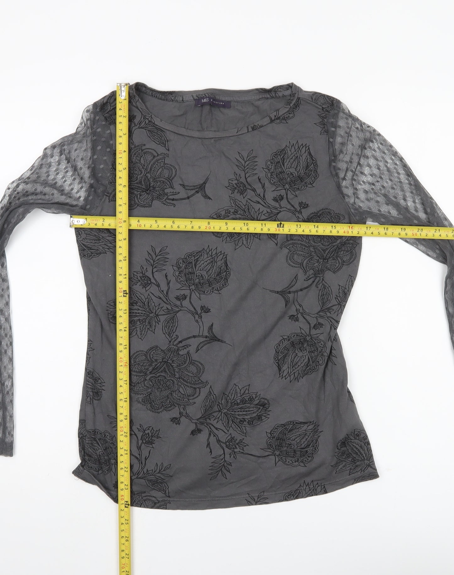 Marks and Spencer Women Grey Floral Mesh Long Sleeve Tunic Blouse UK 10