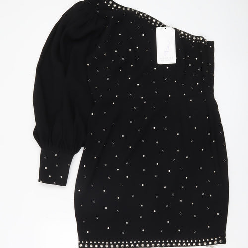 Michelle Keegan Women Black Size 12 Studded One Shoulder Bodycon Dress