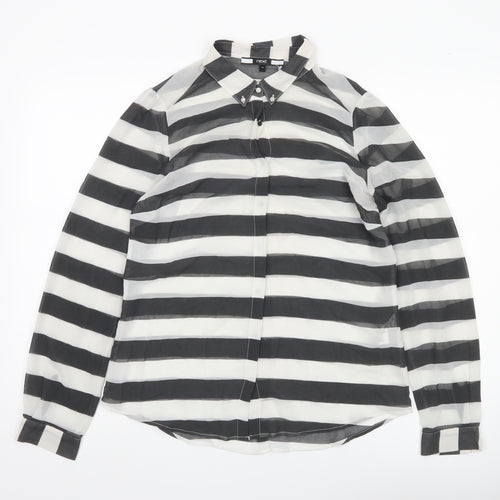 Next Women’s Black White Striped Chiffon Button Up Shirt UK 14