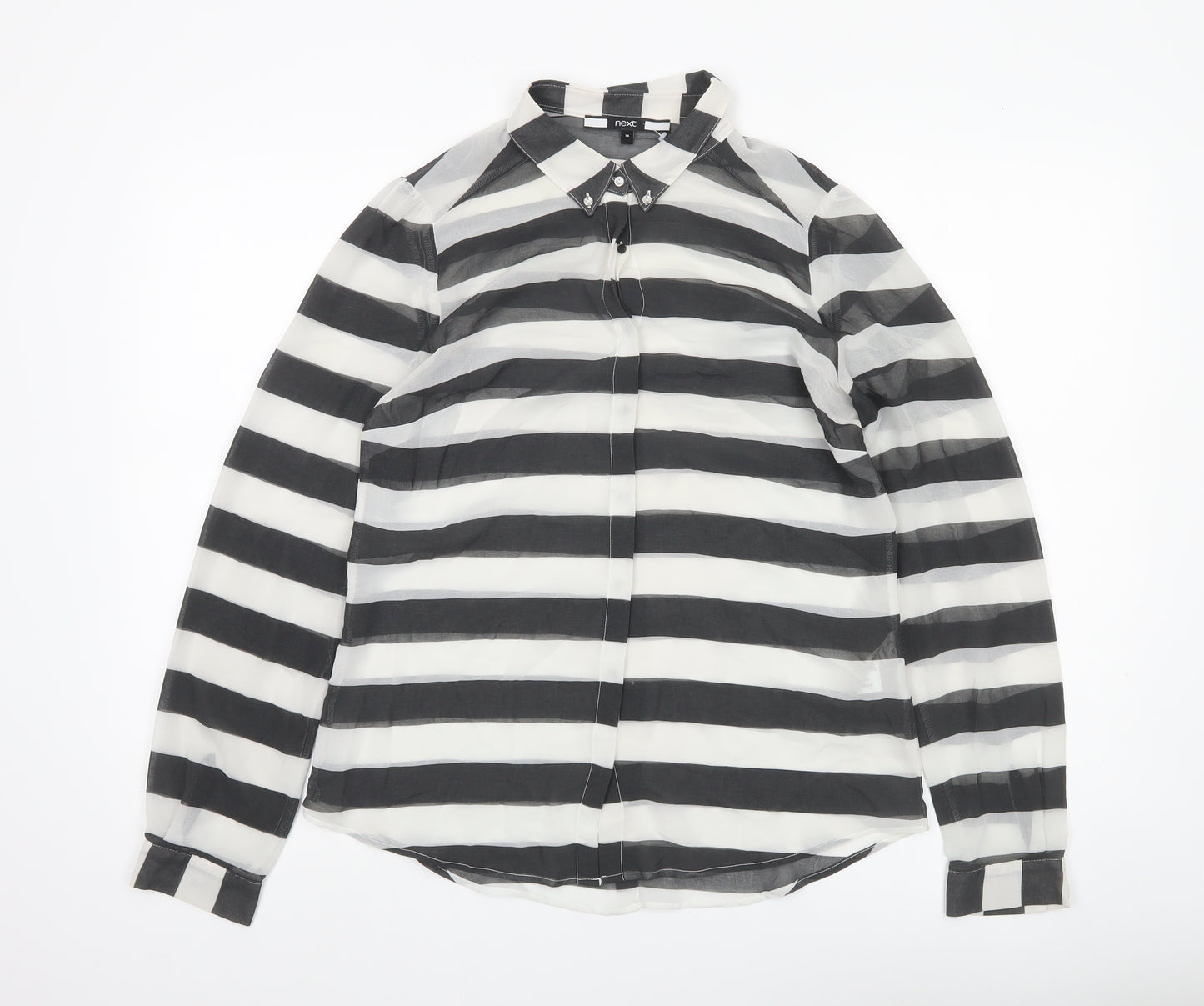Next Women’s Black White Striped Chiffon Button Up Shirt UK 14