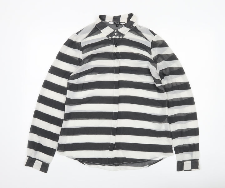 Next Women’s Black White Striped Chiffon Button Up Shirt UK 14