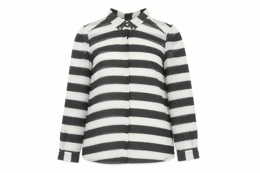Front view of Next Women’s Black White Striped Chiffon Button Up Shirt UK 14