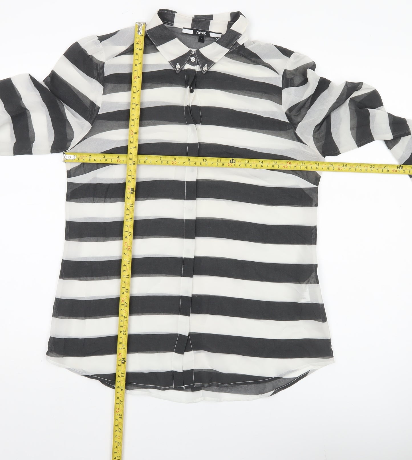 Next Women’s Black White Striped Chiffon Button Up Shirt UK 14