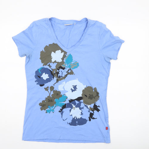 Jackpot Womens Blue Floral V-Neck T-Shirt Size L Short Sleeve