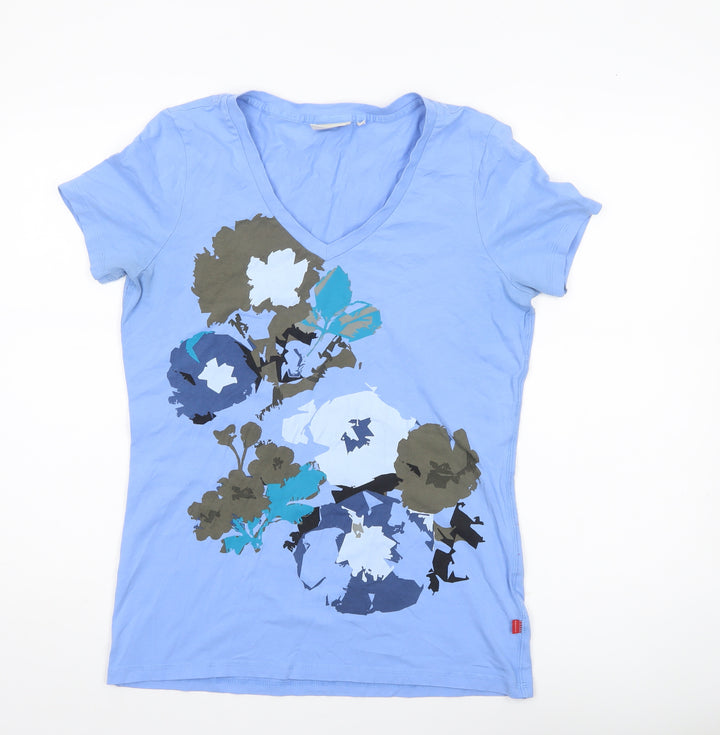Jackpot Womens Blue Floral V-Neck T-Shirt Size L Short Sleeve