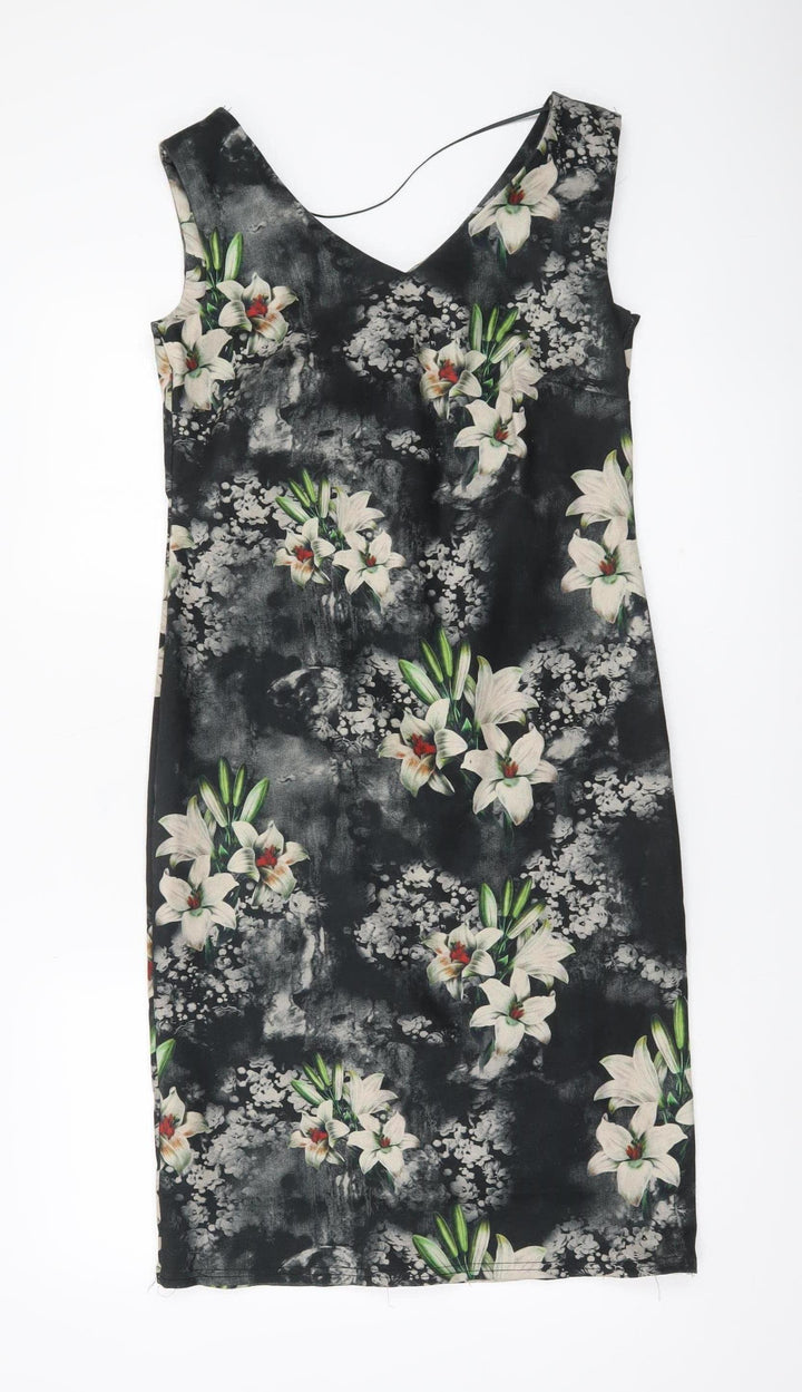 H.M.K London Women’s Black Floral Bodycon Dress Size 10 Knee Length