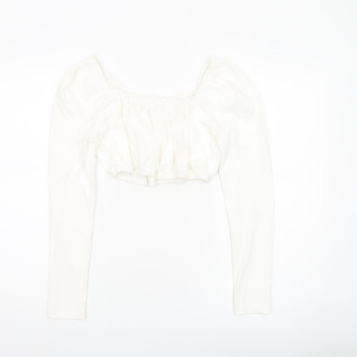 Topshop Women White UK 10 Cropped Long Sleeve Cotton Blouse