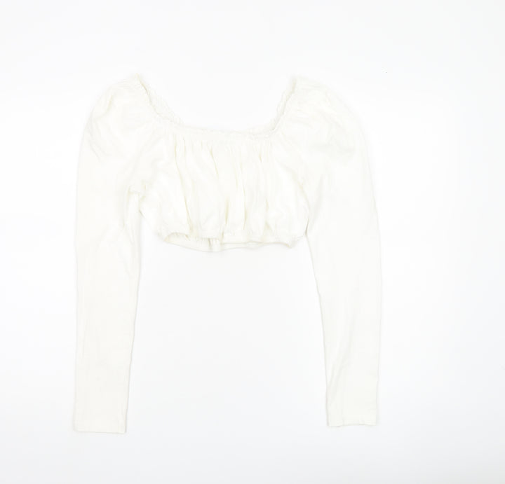Topshop Women White UK 10 Cropped Long Sleeve Cotton Blouse