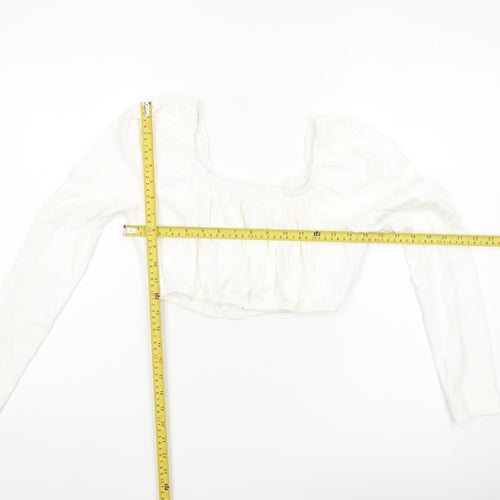 Topshop Women White UK 10 Cropped Long Sleeve Cotton Blouse