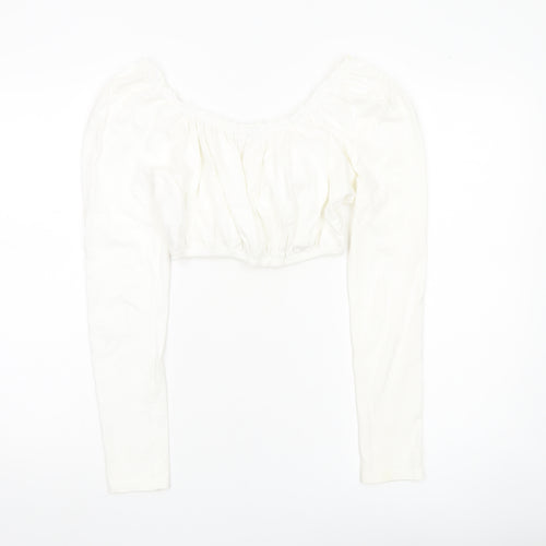 Topshop Women White UK 10 Cropped Long Sleeve Cotton Blouse