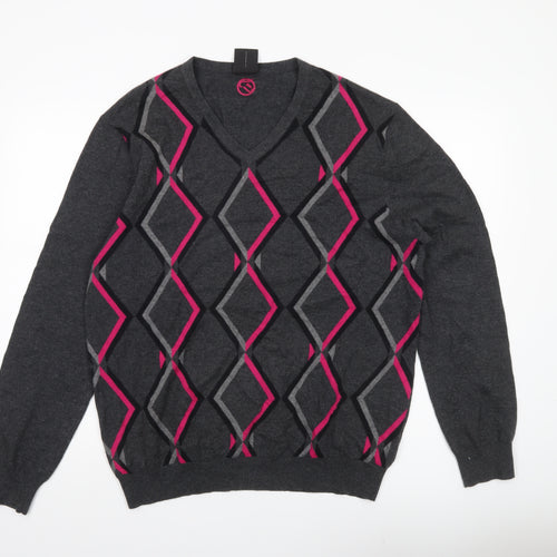 IJP Design Mens Grey XL V-Neck Argyle Pullover Jumper