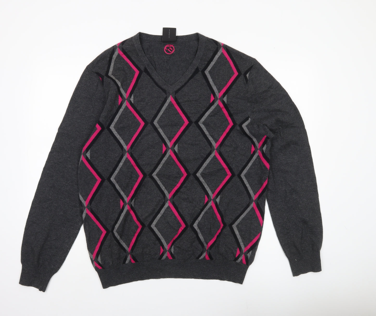 IJP Design Mens Grey XL V-Neck Argyle Pullover Jumper