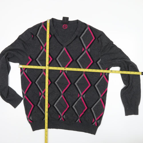 IJP Design Mens Grey XL V-Neck Argyle Pullover Jumper