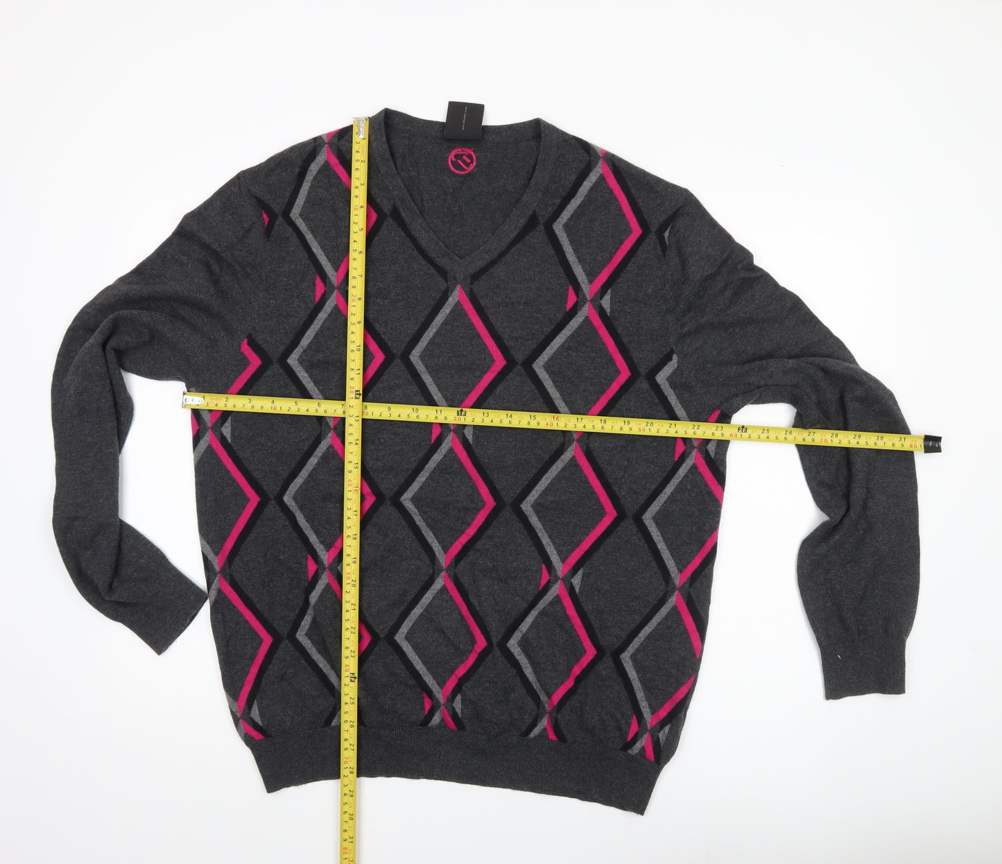 IJP Design Mens Grey XL V-Neck Argyle Pullover Jumper