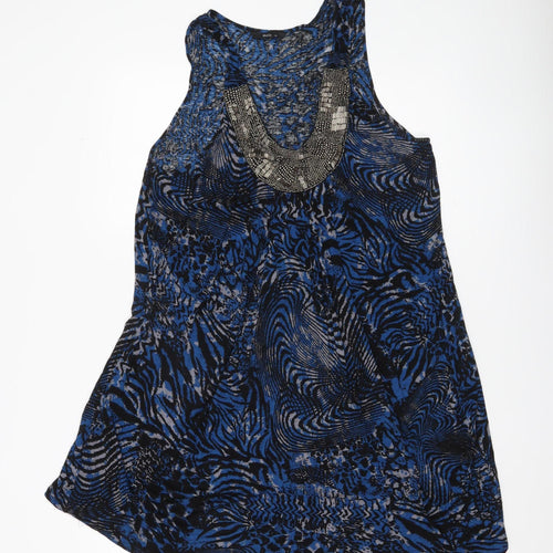 M&Co Womens Blue Black Animal Print Shift Dress Size 20 Beaded Neckline