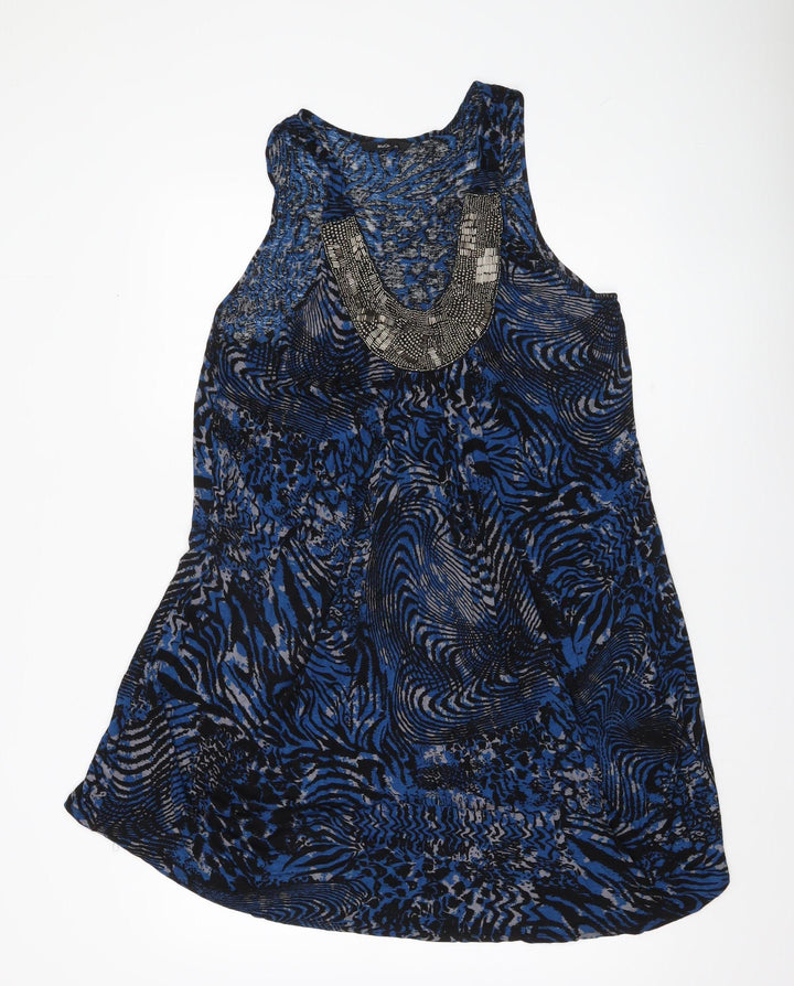 M&Co Womens Blue Black Animal Print Shift Dress Size 20 Beaded Neckline