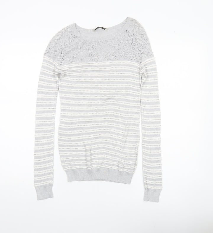 Oasis Women’s Grey Striped Knit Pullover Jumper XS Boat Neck