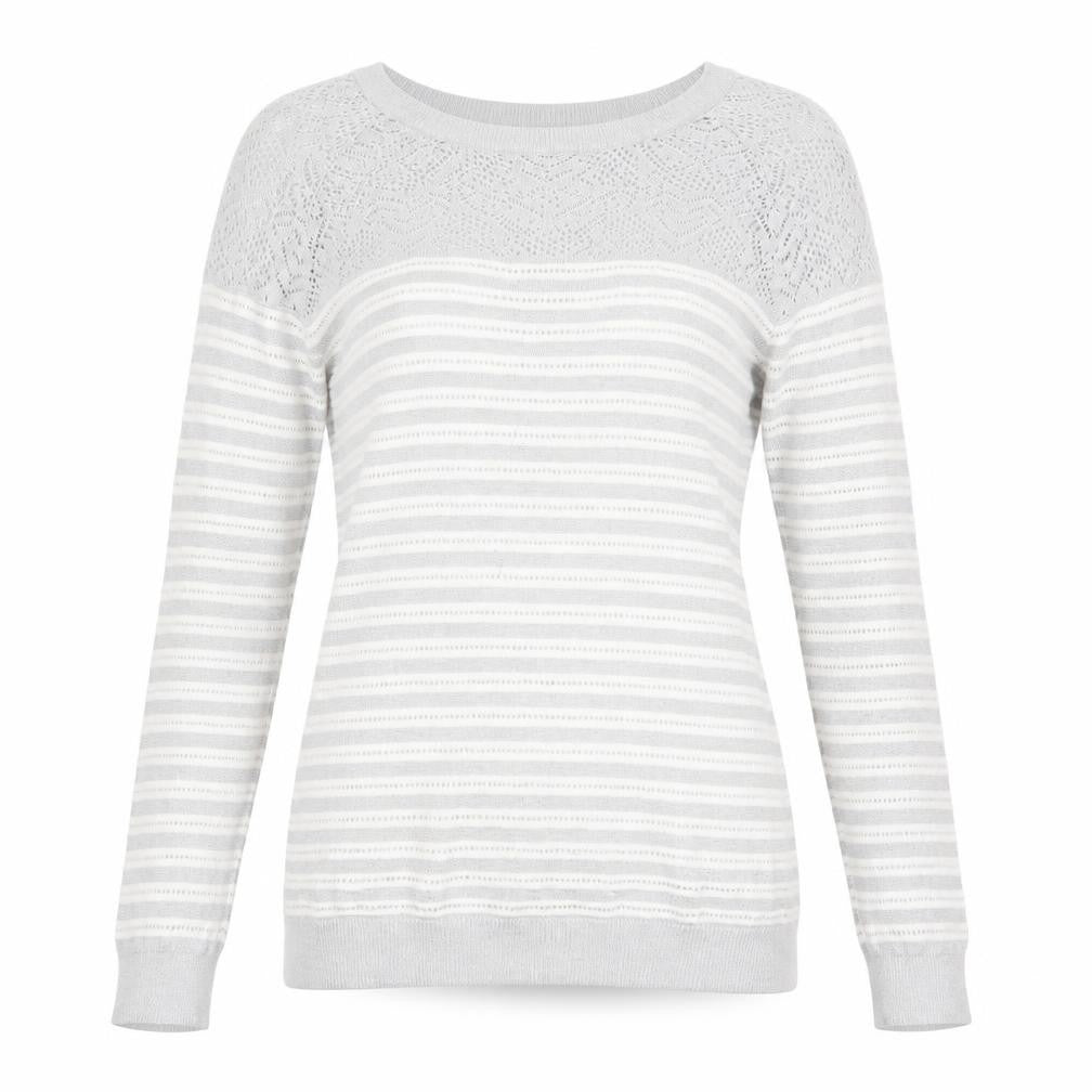 Front view of Oasis Women’s Grey Striped Knit jumper XS Boat Neck
