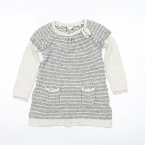 Monsoon Girls Grey Striped Tunic Jumper 7-8 Years Wool Blend Bow Detail