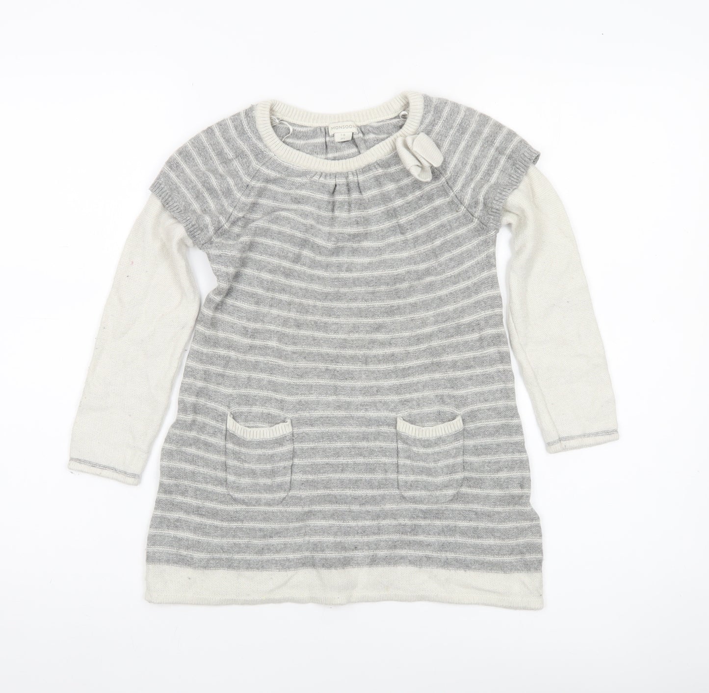 Monsoon Girls Grey Striped Tunic Jumper 7-8 Years Wool Blend Bow Detail