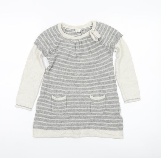 Monsoon Girls Grey Striped Tunic Jumper 7-8 Years Wool Blend Bow Detail