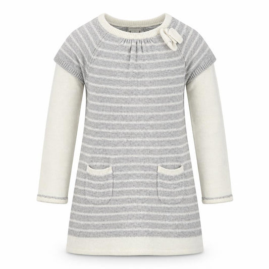 Front view of Monsoon girls’ grey striped tunic jumper 7-8 years wool blend bow detail