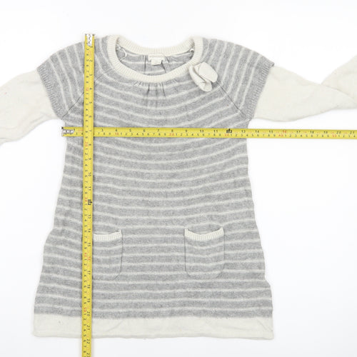 Monsoon Girls Grey Striped Tunic Jumper 7-8 Years Wool Blend Bow Detail
