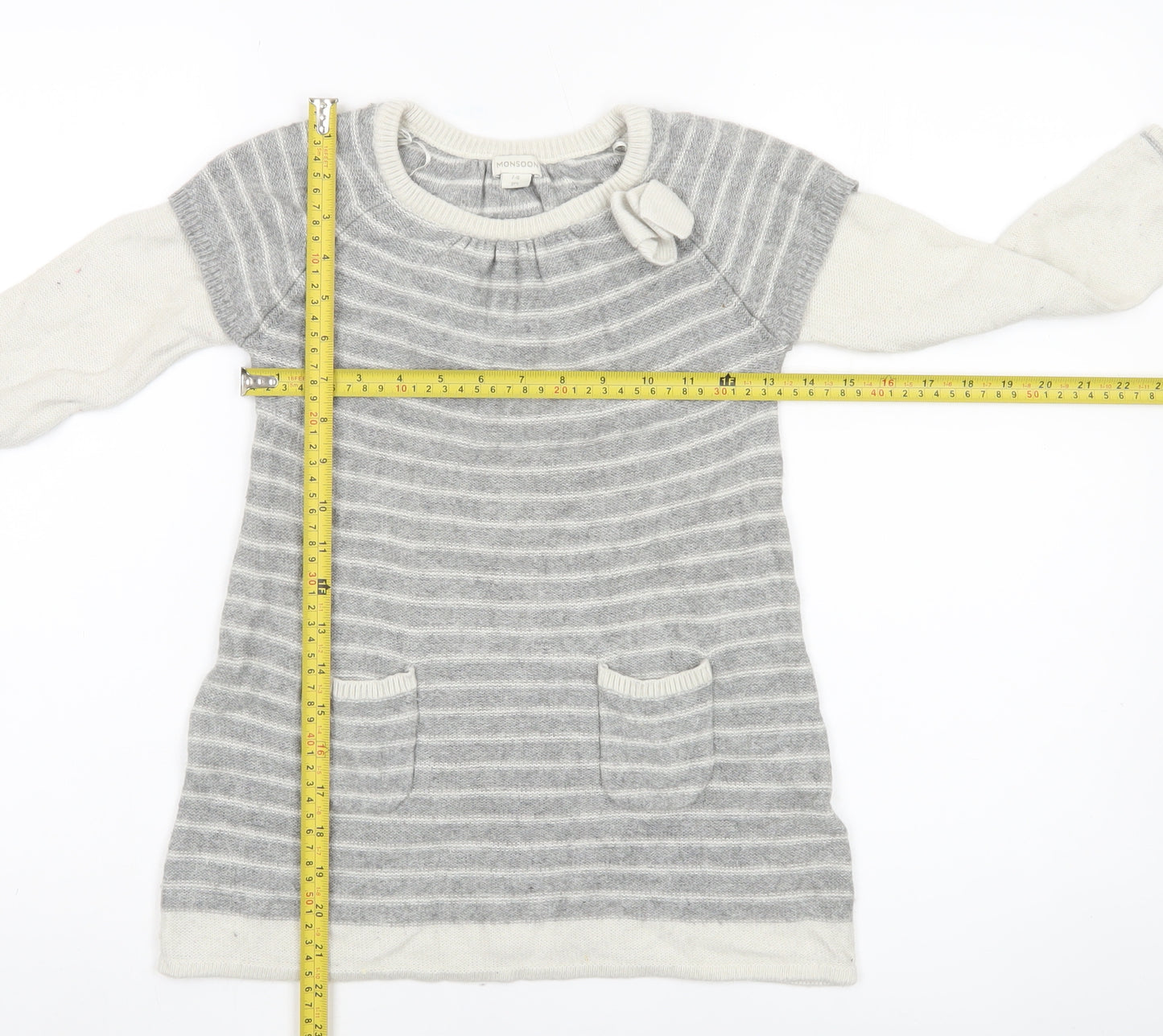 Monsoon Girls Grey Striped Tunic Jumper 7-8 Years Wool Blend Bow Detail