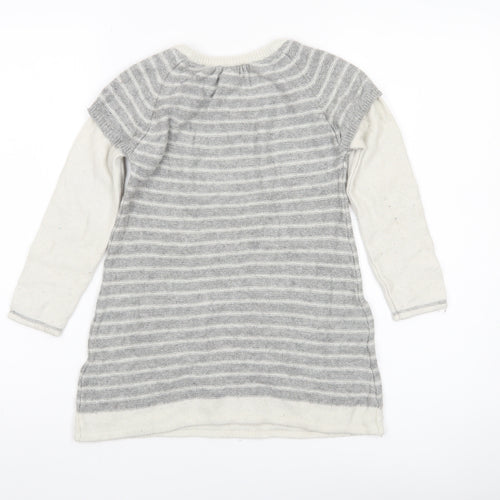Monsoon Girls Grey Striped Tunic Jumper 7-8 Years Wool Blend Bow Detail