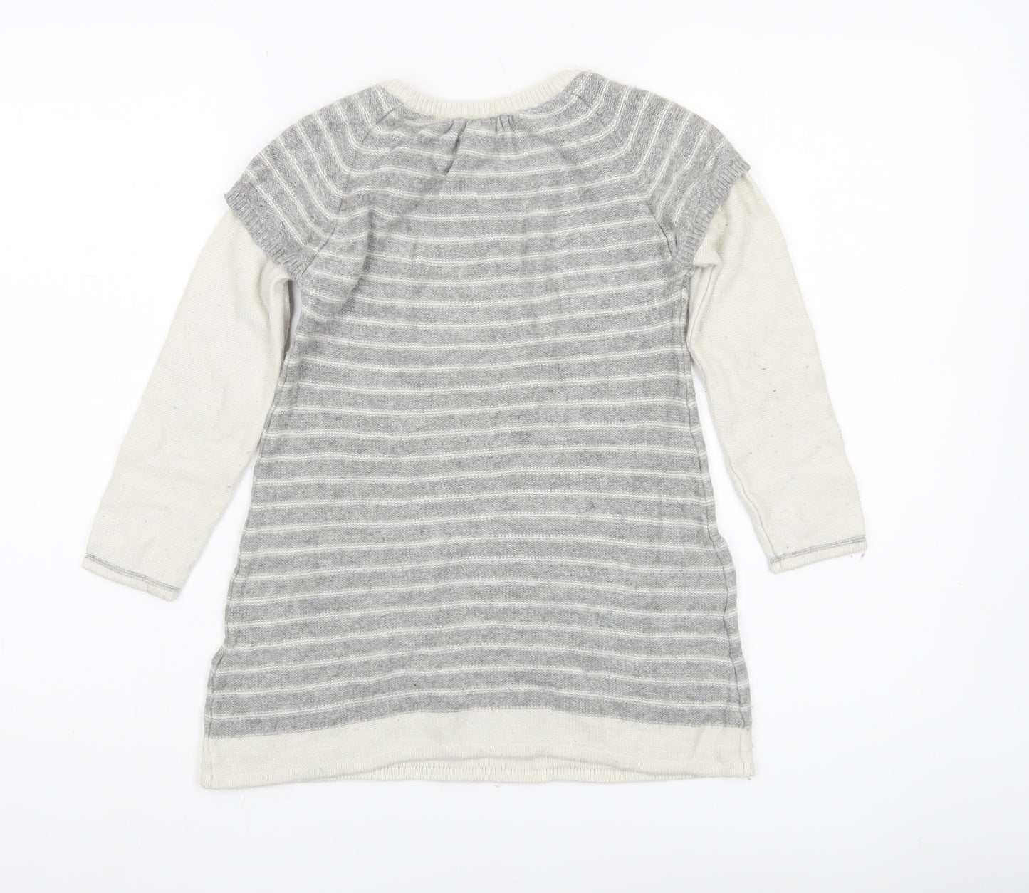 Monsoon Girls Grey Striped Tunic Jumper 7-8 Years Wool Blend Bow Detail