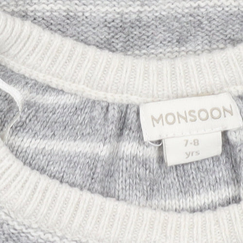 Monsoon Girls Grey Striped Tunic Jumper 7-8 Years Wool Blend Bow Detail