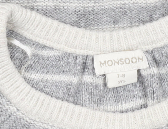 Monsoon Girls Grey Striped Tunic Jumper 7-8 Years Wool Blend Bow Detail